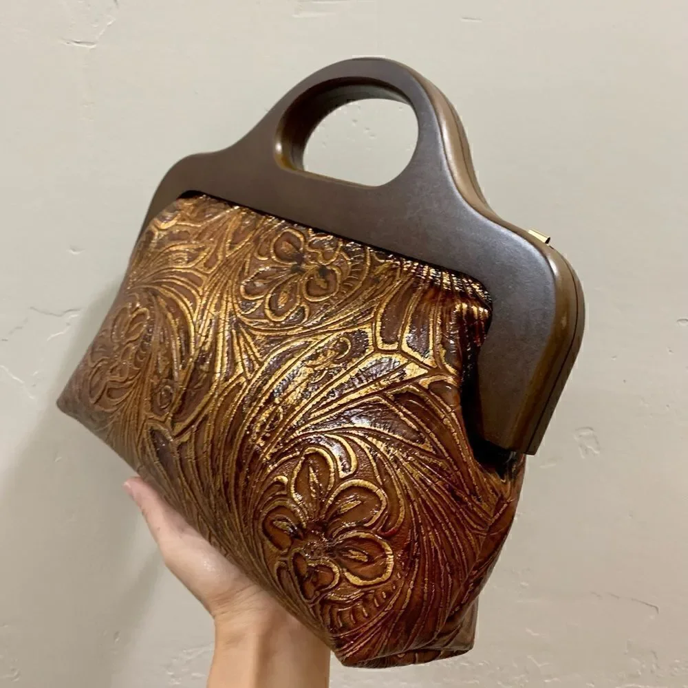Vintage Style Handmade Genuine Embossed Leather Wooden Frame Bag/Crossbody